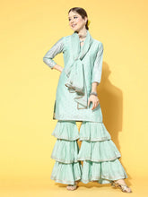 Women Blue Woven Design Kurta Sharara With Dupatta